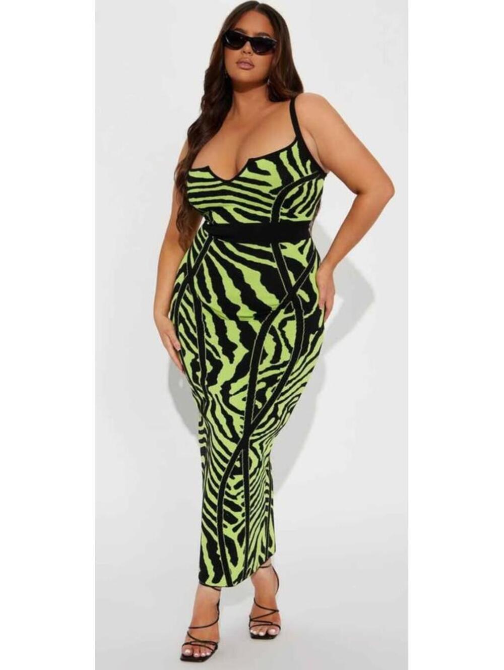 NWT Fashion Nova Wild Thing Lime Black Zebra Knit Sweater Dress 3X Bodycon